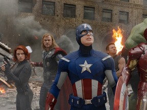 Actors Scarlett Johansson, Chris Hemsworth, Chris Evans, Jeremy Renner, Robert Downey Jr. and Mark Ruffalo are shown in a scene from  "The Avengers." (REUTERS/Marvel Studios/Handout)