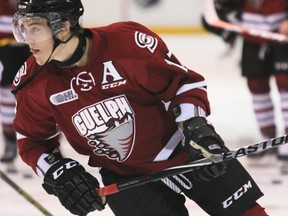 Guelph Storm's Tyler Bertuzzi in warm up prior to playing the Owen Sound Attack at the Lumley Bayshore in Owen Sound, Ont. on Saturday, October 4, 2014.  (James Masters/Owen Sound Sun Times/QMI Agency)
