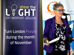 Megan Walker, executive director of the London Abused Women’s Centre, speaks at a press conference in London Ont. October 17, 2014. LAWC announced details about the 2014 Shine The Light on Woman Abuse Campaign, which starts in November. CHRIS MONTANINI\LONDONER\QMI AGENCY