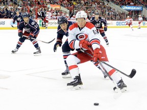 Carolina Hurricanes left wing Jeff Skinner (53) carries the puck down ice. (Rob Kinnan-USA TODAY Sports)