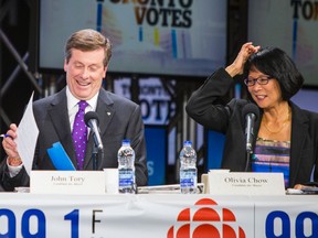 Doug Ford (from left), John Tory and Olivia Chow during the Toronto mayoral candidates debate at the CBC  in Toronto, Ont. on Thursday October 16, 2014. Ernest Doroszuk/Toronto Sun/QMI Agency