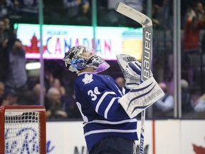 James Reimer of the Toronto Maple Leafs celebrates a win. (QMI Agency file photo)