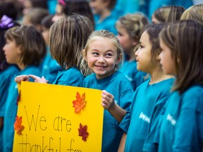 Grade. 1 and Grade. 2 students lead the Thanksgiving assembly by singing "We are thankful" at Pat Hardy elementary school on Thursday, Oct. 9.
Christopher King | Whitecourt Star photo