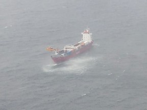 Image of Russian bulk carrier vessel adrift off Haida Gwaii (Courtesy of Maritime Forces Pacific)