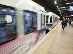 An LRT train bound for Century Park is seen leaving Churchill Station in Edmonton, Alta., on Friday, Oct. 17, 2014. A new Edmonton Transit System Control Centre, which monitors and directs transit services across the city, was unveiled Friday. Ian Kucerak/Edmonton Sun/ QMI Agency