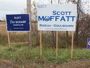 Campaign signs shown in Rideau Goulbourn Ward on Wednesday Oct 15, 2014. Wind farms are a huge issue in the wards. 
Tony Caldwell/Ottawa Sun/QMI Agency