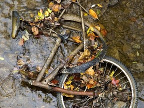 A battered mountain bike collects leaves in Pottersburg Creek in London. Mike Hensen/The London Free Press/QMI Agency