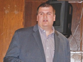 Kyle Greene, project manager for Vulcan’s proposed solar park, addresses a group of about a dozen people Oct. 4 at a green energy doors open event hosted by the Vulcan Brand Innovation Team at the Vulcan Curling Club. 
Simon Ducatel Vulcan Advocate