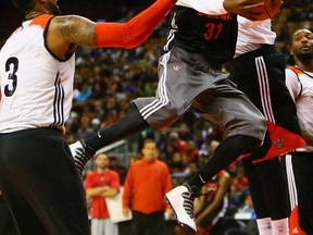 Raptors’ Terrence Ross goes hard to the hoop during open practice at the ACC yesterday. (Dave Abel/Toronto Sun)