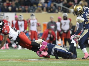 Don Unamba #13 of the Winnipeg Blue Bombers grabs hold of Nik Lewis #82 of the Calgary Stampeders in second half action in a CFL game at Investors Group Field on October 18, 2014.