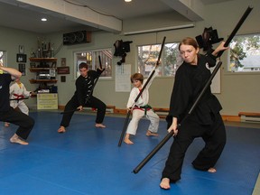 Instructor Ken Cockburn, front left, leads a seminar using a three-piece staff at the third annual 12-hour training event and Chelsea Tobin Memorial fundraiser, which was held at Tallack Martial Arts dojo on Saturday. The event raised $1,100 toward the Kobudo program in Tobin's honour. (Julia McKay/The Whig-Standard)
