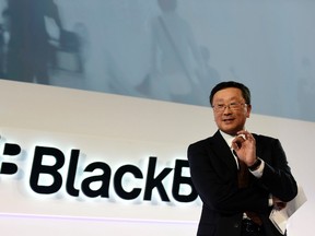 BlackBerry chief executive John Chen speaks during the official launch of the Passport smartphone in Toronto in this file photo taken Sept. 24, 2014.   REUTERS/Aaron Harris/Files