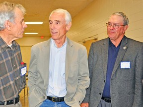 Mitchell native Dean Robinson (centre), speaks to local farmer Byron Morris (left) as West Perth Mayor Walter McKenzie looks on after the annual West Perth Business and Industry Breakfast last Wednesday, Oct. 15 at the Mitchell and District Community Centre. KRISTINE JEAN/MITCHELL ADVOCATE
