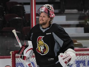 Ottawa Senators goalie Robin Lehner is all smiles during practice at Canadian Tire Centre Monday.  (Tony Caldwell/Ottawa Sun)