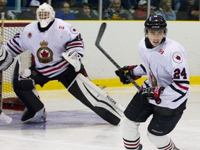The Sarnia Legionnaires’ Cameron Clarke is being called a tower of strength for the team as it remains unbeaten in Western Junior B League play so far this season. Clarke comes from Adrian, Mich. and has five goals and eight assists. (ANNE TIGWELL photo)