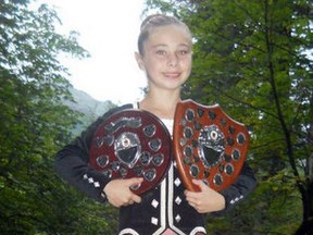 Kayla Sutherland, seen here in August 2012 at the Cowal Highland Dancing World Dancing Championships in Dunoon, Scotland, shows her winning trophies.