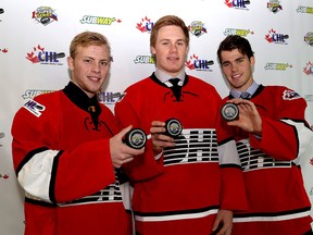 Kingston Frontenacs, from left, Spencer Watson, Lawson Crouse and Roland McKeown have been invited to play in the Subway Super Series game against Team Russia at the Rogers K-Rock Centre on Nov. 17. McKeown will also play in a series game in Peterborough on Nov. 13. (IAN MACALPINE/THE WHIG-STANDARD)