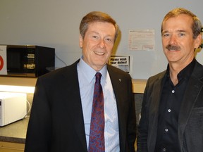 John Tory meets Canadian astronaut Chris Hadfield on Tuesday, October 21, 2014, after being interview on The Roz & Mocha Show​ on KiSS 92.5. (Photo by Maurie Sherman)