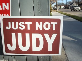 A "Just Not Judy" sign is seen on St. Matthews Avenue. (Brian Donogh/Winnipeg Sun)