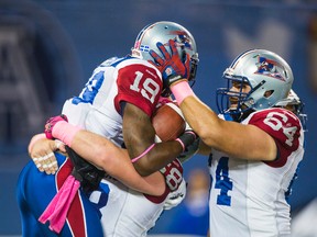 The Alouettes celebrate a touchdown against the Argonauts during CFL action in Toronto on Oct. 18, 2014. (Ernest Doroszuk/QMI Agency)