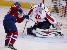 Hurricanes goalie Stuart Skinner stopped all  but one of the Oil Kings' 47 shots in regulation Tuesday at Rexall Place. (David Bloom, Edmonton Sun)