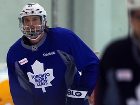 David Clarkson looks for a point shot during Leafs practice at the Mastercard Centre in Toronto on Monday October 20, 2014. Dave Abel/Toronto Sun/QMI Agency