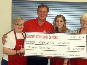 Wallaceburg Kinsmen member Sheldon Parsons donates $500 to the Lend-A-Hand Breakfast program. Accepting the cheque are Lend-A-Hand volunteers Mary Pat Elliott, Shelby Benn and Jayne Burritt.