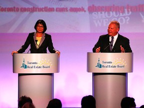 Olivia Chow, Doug Ford and John Tory (r) as three main Toronto mayoralty candidates speak at a debate at the Toronto Real Estate Board annual meeting at the Congress Centre in Etobicoke  on Tuesday October 21, 2014. Michael Peake/Toronto Sun/QMI Agency