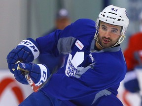 Nazem Kadri shoots the puck during Leafs practice at the Mastercard Centre in Toronto on Thursday October 23, 2014. (DAVE ABEL/Toronto Sun)