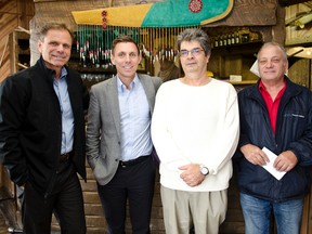 NHL Hall of Famer Mike Gartner, Barrie riding MP Patrick Brown, Michael Palangio, and JP Lajeunesse pose at  J R Bar-B-Q Ranch during Brown's Cochrane stop of his Northern Ontario tour. Brown was in Cochrane to introduce himself and his platform for his bid in running for leadership of the PC party of Ontario.