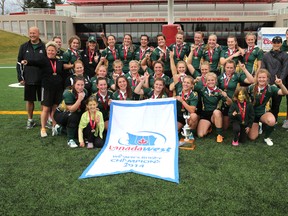 The U of A Pandas rugby team celebrates its Canada West championship last weekend at McMahon Stadium in Calgary. (Photo courtesy David Moll)
