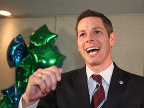 Winnipeg Mayor elect Brian Bowman speaks to supporters after winning the civic election in Winnipeg, Man. Wednesday October 22, 2014. (Brian Donogh/QMI Agency)