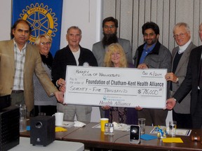 Submitted Photo (left to right): Dr. Rizwan Muhammad, Family Physician, CKHA; Michele Grzebien-Huckson, Executive Director, Foundation of CKHA; Robin Southgate, Trustee, Rosemarie Miller Trust Fund; Dr. Muhammad Afzel, Family Physician, CKHA; Sussan Londry, President, Rotary Club of Wallaceburg; Dr. Naveed Hassan, Family Physician, CKHA; Dr. Tony McElligott and Henry Boley, Trustees, Rosemarie Miller Trust Fund.