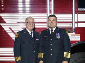Former Fire Chief Dan Badry (left) has passed the torch to Trevor Mistal after 40 years as part of the Stony Plain Fire Department. - Alicia Marangoni Photography