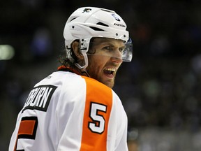 Philadelphia Flyers defenceman Braydon Coburn (above) and Andrew MacDonald will be sidelined about four weeks with lower-body injuries. (KEVIN KING/QMI Agency)