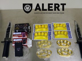 Brass knuckles, stun guns, and large bowie knives destined for Bonnyville, Alta. were intercepted and seized by Alberta Law Enforcement Response Teams (ALERT) in a joint investigation with Canada Border Services Agency (CBSA).