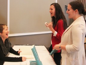 Former ad agency leader and author Nancy Vonk shares a laugh with Emily Branton, 26, left, and Sarah Taylor, 26, at the Sarnia Lambton Business Week's women's forum Friday. About 145 women attended the forum to hear from Vonk who thought up Dove's innovative Campaign for Real Beauty with her business partner Janet Kestin. BARBARA SIMPSON/THE OBSERVER/QMI AGENCY