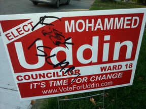 Toronto Ward 18 council candidate Mohammed Uddin had one of his lawn signs defaced by anti-Muslim graffiti. (Supplied photo)