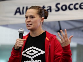 Team Canada goalkeeper Erin McLeod, shown here at a clinic with high school soccer players in Edmonton Tuesday, says the exhibition matches the team has scheduled are good preparation for next year`s World Cup. (David Bloom, Edmonton Sun)