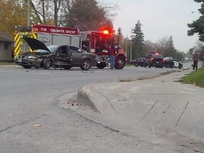 Members of Quinte West, Ont. Fire Department and OPP respond to a two-car collision on Sidney Street in Trenton, Ont. Saturday morning, Oct. 25, 2014. - SUBMITTED PHOTO