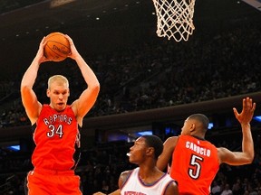 Raptors’ Greg Stiemsma, who won the 15th and final roster spot, pulls down a rebound against the Knicks. The Raps open their season Wednesday at home against the Hawks. (AFP)