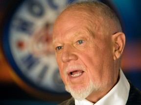 In this 2012 file photo, Don Cherry speaks at the Coach's Corner set inside the CBC building in Toronto. (MICHAEL PEAKE/TORONTO SUN/QMI AGENCY)