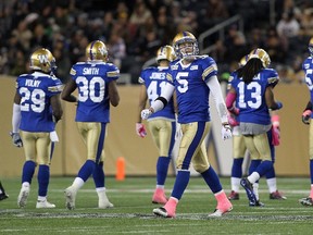 Drew Willy #5 of the Winnipeg Blue Bombers walks off the field in second half action in a CFL game against the BC Lions at Investors Group Field on October 25, 2014 in Winnipeg, Manitoba, Canada. (Marianne Helm/Getty Images/AFP)
