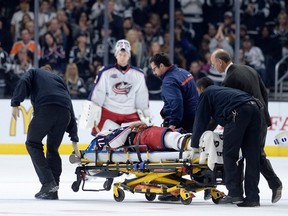 Nick Foligno #71 of the Columbus Blue Jackets is taken off the ice in front of Sergei Bobrovsky #72 with a stretcher during the third period of a 5-2 King's win at Staples Center on October 26, 2014 in Los Angeles, California. (Harry How/Getty Images/AFP)