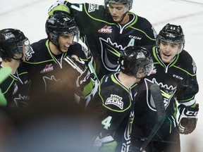 Edmonton players celebrate forward Tyler Robertson's (second from left) empty net goal during the third period of a WHL hockey game between the Edmonton Oil Kings and the Moose Jaw Warriors at Rexall Place in Edmonton, Alta., on Sunday, Oct. 26, 2014. The Oil Kings won 3-1. Ian Kucerak/Edmonton Sun/ QMI Agency