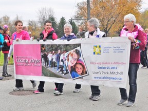 Approximately 50-70 participants took part in the 11th annual Taking Steps Against Breast Cancer walk Saturday, Oct. 25 at the Mitchell Lions Park. Leading the walk were survivors Colleen Pletsch (left), Cathy Zimmerman, Marg Van Bakel, Sheila Rolph and Sharon Seebach. The event raised $8, 818 this year for breast cancer research. KRISTINE JEAN/MITCHELL ADVOCATE