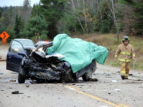 SEAN CHASE/DAILY OBSERVER
One person was killed after a car and a transport carrying logs collided on Highway 17 near Pembroke Monday morning. The highway remained closed Monday afternoon.