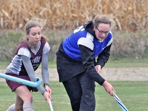 Erin Taylor (right) of the MDHS field hockey team hustles after the ball during Huron-Perth action last Tuesday, Oct. 21 at MDHS. The Blue Devils won their final game of the campaign, 5-1, over Stratford Northwestern. KRISTINE JEAN/MITCHELL ADVOCATE