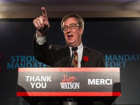 Jim Watson thanks his supporters  at the Hellenic Community Centre after being elected again as Mayor of Ottawa on October 27, 2014. Errol McGihon/Ottawa Sun/QMI Agency