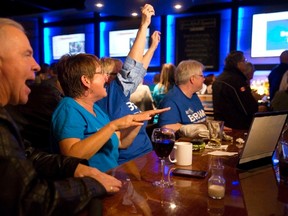 Supporters cheer as Rogers TV London announces Matt Brown is the next mayor of London at a reception for his supporters at Jim Bob Ray's in London on Monday October 27, 2014.
CRAIG GLOVER The London Free Press / QMI AGENCY